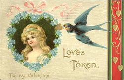 Bluebird presenting a heart to a girl in a heart Postcard Postcard