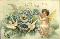 Cupid, key made out of blue flowers, heart, doves` Postcard