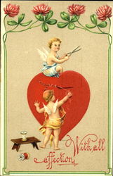 Two cupids, one with scissors, other sewing up tear in heart Postcard