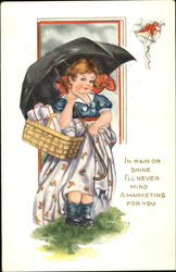 Round-faced girl with umbrella and basket Comic Postcard Postcard