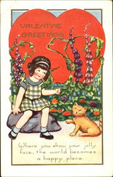 Girl and Cat Sitting by Flower Garden with Big Heart Postcard