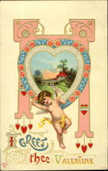 Girl cupid standing in front of a heart and a country home pictured in the heart Postcard