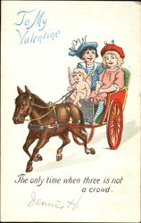 Young couple in horse drawn buggy with cupid as driver Postcard