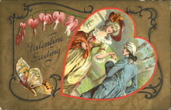 Courtly couple in heart with butterfly, fuchsia Postcard