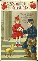 A postman giving a letter to a little girl Postcard