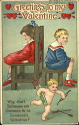 Boy and girl in chairs back-to-back with cupid Postcard