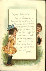 Boy with slate leaving large message for girl with bow Children Postcard Postcard