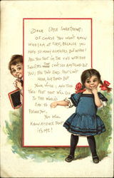 Boy with slate peeking out from note, girl with pigtails, red ribbons Postcard