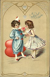 Boy in blue clown suit with red pompoms, girl in white dress Postcard