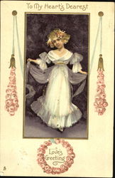 Woman in white dress, holding Postcard