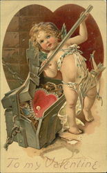 Cupid Prying Open Treasure Chest Postcard Postcard