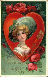 Woman in Feathered Hat in Heart Postcard