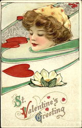 Woman's head, green swirls, red hearts Women Postcard Postcard