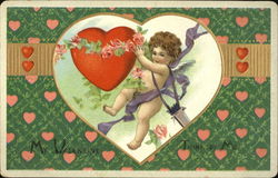 Cupid With Flower Garland and Hearts Postcard