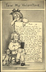 Boy sitting down with slate, girl looking over note at him, dog Postcard