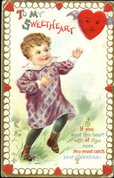 Young child chasing a flying heart Children Postcard Postcard