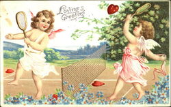 Cupid playing tennis Postcard