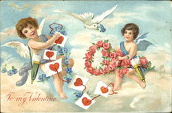 Cupids With Heart-Shaped Flower Wreath and String of Hearts Postcard Postcard