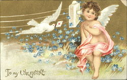 Cupid holding pink scarf listening to white phone Postcard