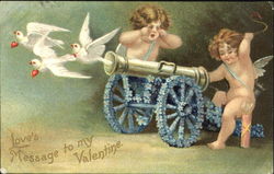 Cherubs shooting doves from cannon Postcard