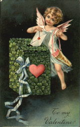 Cupid mailing valentin into clover decorated box Postcard Postcard