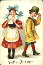 Boy and girl dressed as adults, girl in apron with blue ribbons in hair Postcard