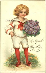 Boy in sailer suite with red stockings holding purple bouquet Postcard