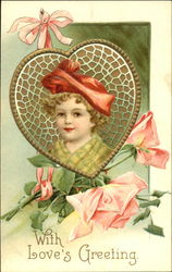 Female Portrait Set In Decorative Heart, Flowers Postcard