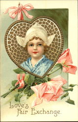 Girl face with dutch hat, pink flowers & ribbons Postcard