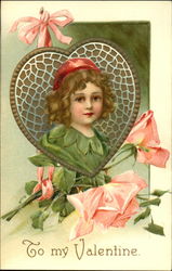 boy's face in mosaic heart, pink flowers Postcard