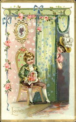 A mother peeking at a little boy sitting Postcard