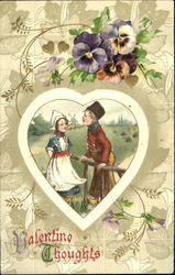 Dutch girl and boy in white heart, pansies Postcard