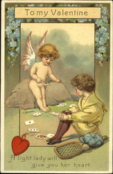 Cerub Telling a Boy's Fortune with Playing Cards Postcard