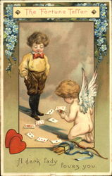 Cupid with cards tells fortune for boy Postcard