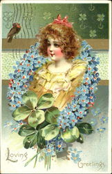 Little Girl and a Garland of Blue Flowers Postcard