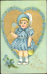 Girl in Blue Dress and Bonnet with Pail and Shovel Postcard