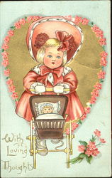 Girl with red dress and big red hat pushing doll in carriage Children Postcard Postcard