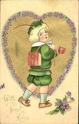 Boy in green outfit, carrying apple, book in leather strap Postcard