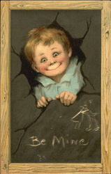 Young boy appearing through a hole in the wall Postcard