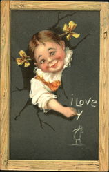 Girl missing front tooth, yellow ribbons, popping out of blackboard Children Postcard Postcard