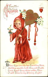 Girl in red robe and hood, olding stick with heart on end Postcard