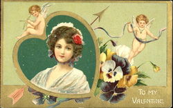 Girl and cupids with flowers and a heart Postcard Postcard