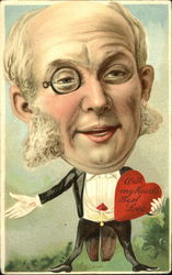 Man with oversized head, monocle in tails holding heart Postcard