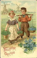 Little Dutch Girl and Boy Carrying Baskets of Flowers Postcard