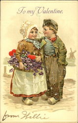 Dutch child couple with basket of flowers Postcard