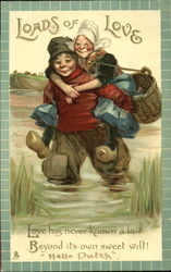 Dutch boy carring cirl on his back, walking through water Children Postcard Postcard