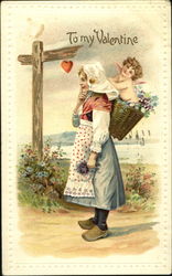 Dutche girl carrying basket on her back with Cupid in it Postcard