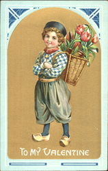 Boy with a backpack full of flowers Postcard