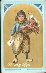 Dutch boy holding toy boat with red flowers Postcard