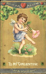 cupid plaing bugle with pink flower coming out of it Postcard